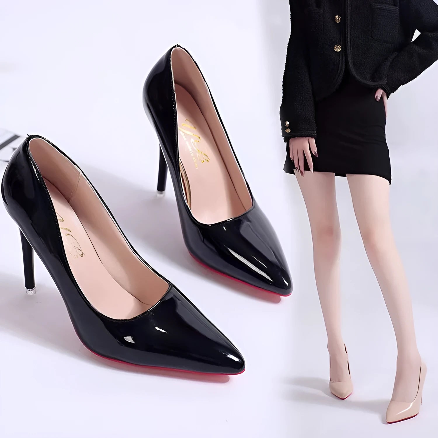 Solid colour women's pointed toe stiletto heel pump shoe in a choice of apricot, black, pink, or white.