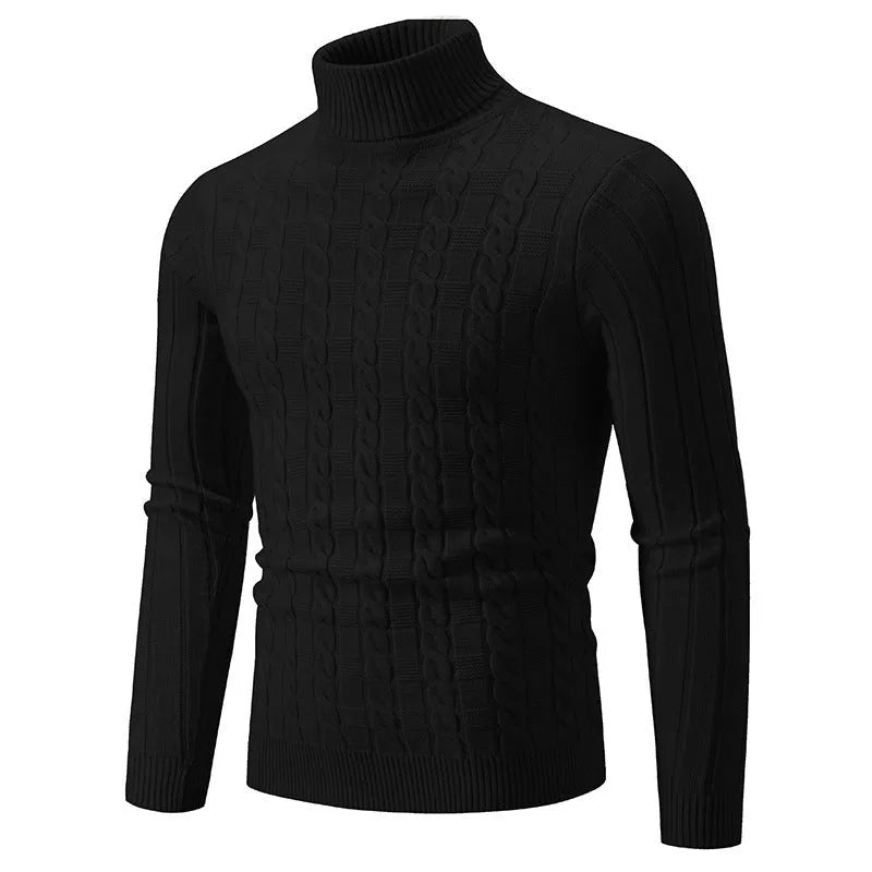 Men's slim-fit twist turtleneck pullover jumper in chenille fabric on a hanger.