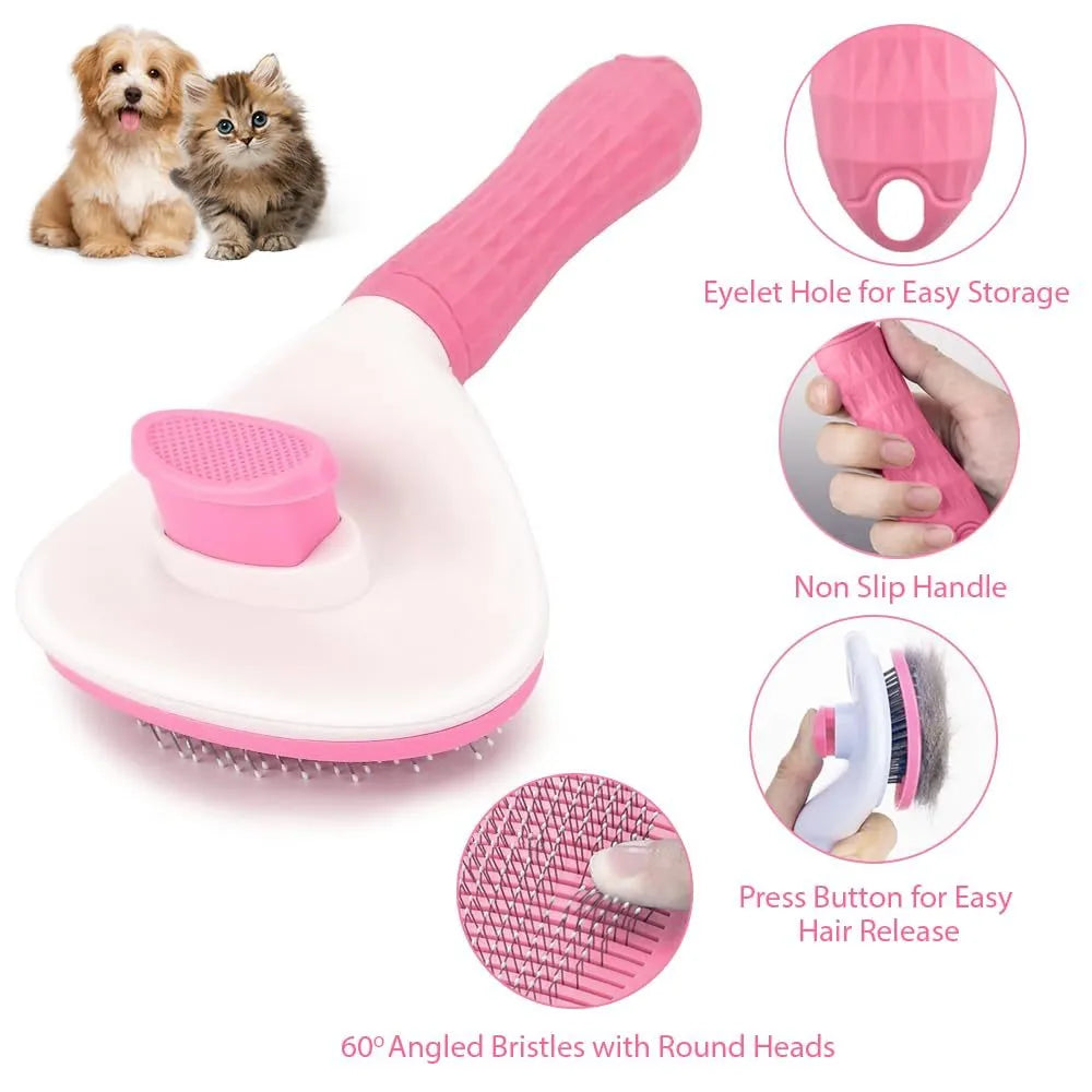 Blue cat grooming brush with release button and fine wire bristles for removing loose pet hair
