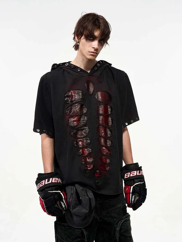 Black men's loose-fit hooded T-shirt with short sleeves and sequin decoration.