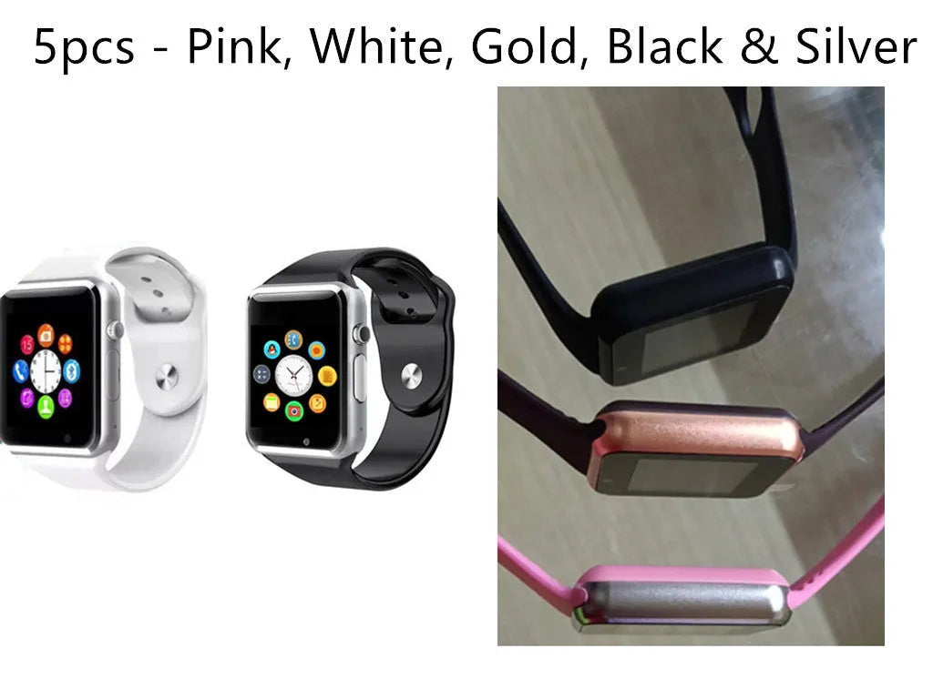 A1 model smart watch on wrist showing 1.54-inch display, available in black, silver, white, gold, pink, red, green, blue.