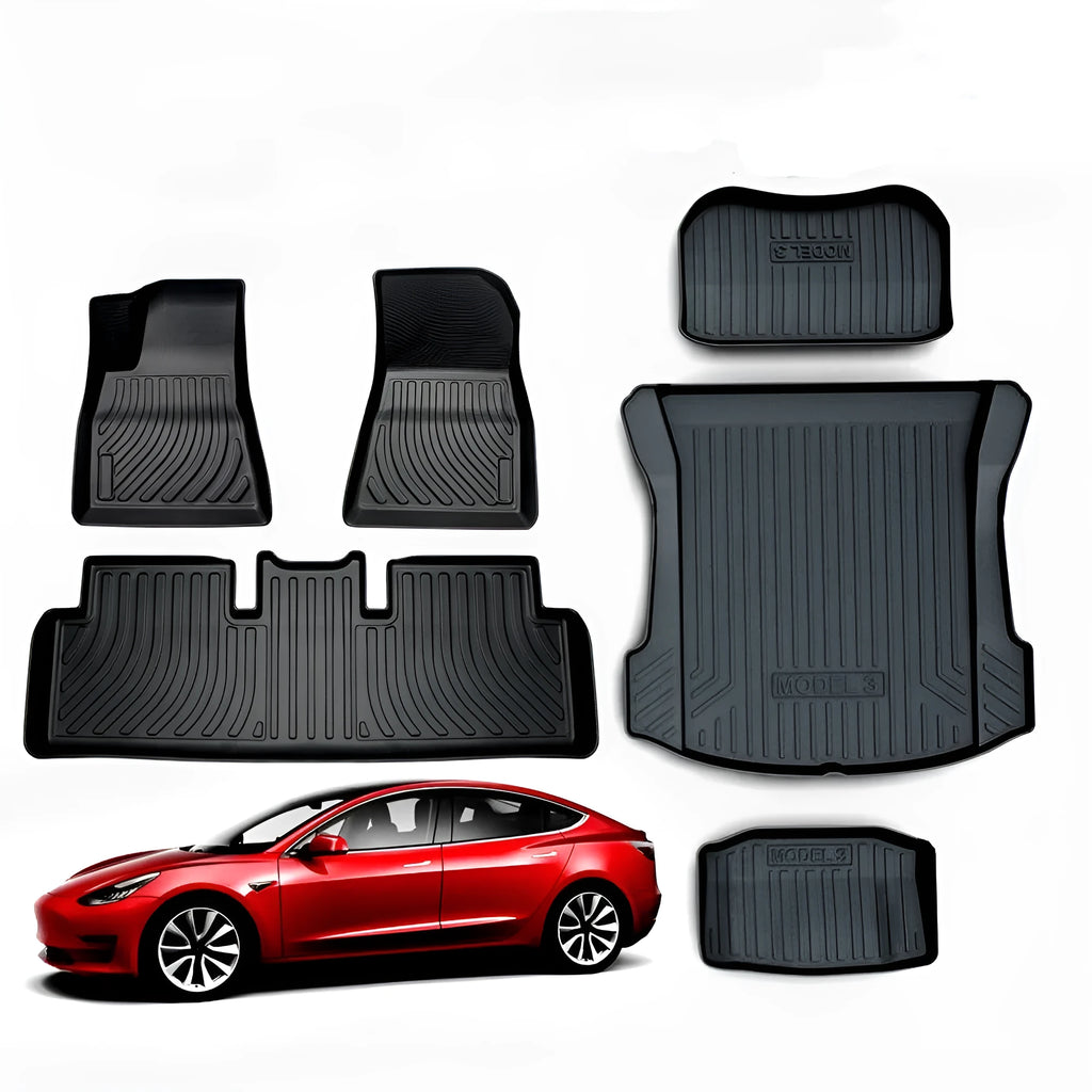 Black rubber floor mat for Tesla car interior with textured TPE footrest section.