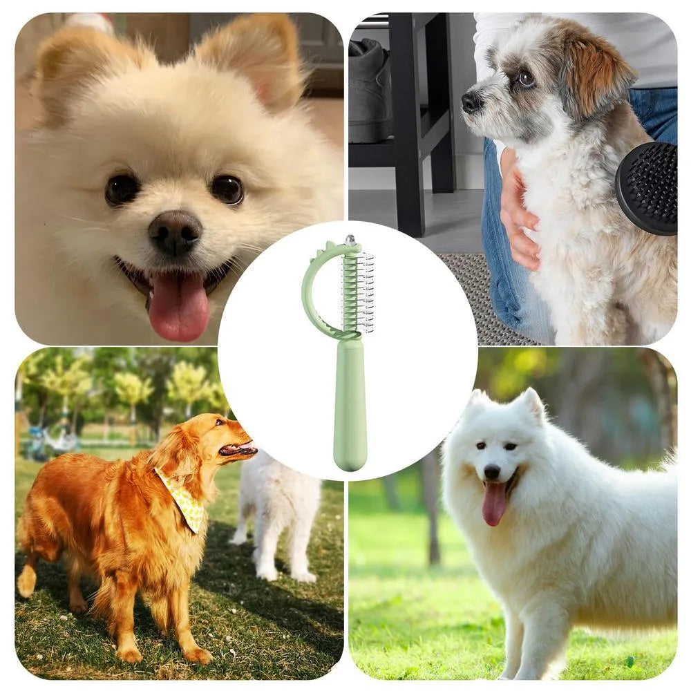 Blue dinosaur-shaped pet brush with a self-cleaning button and double-sided stainless steel bristles.