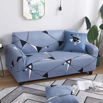 Printed geometric abstract stretch sofa slipcover fitted on a double-seater sofa.