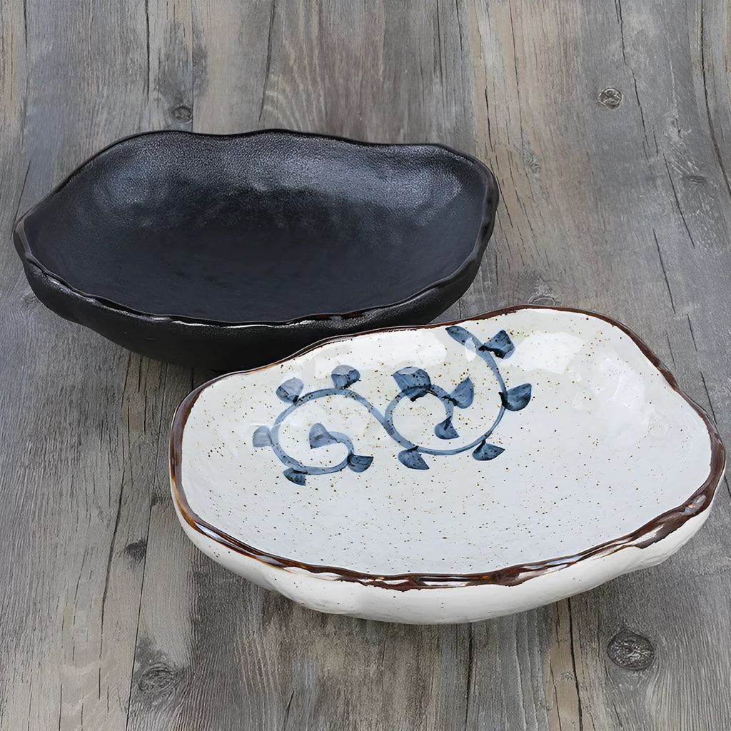 Creative irregular shaped Japanese ceramic sashimi bowl and sauce dish with floral decoration