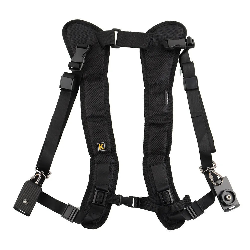 Black dual shoulder SLR camera strap showing two camera attachment points and thick shoulder padding