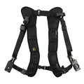 Black dual shoulder SLR camera strap showing two camera attachment points and thick shoulder padding