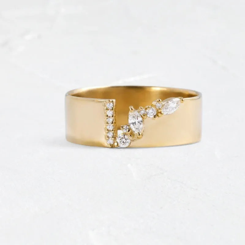 Gold-coloured women's ring with zircon accents on copper base, showing electroplated finish and personality style design.