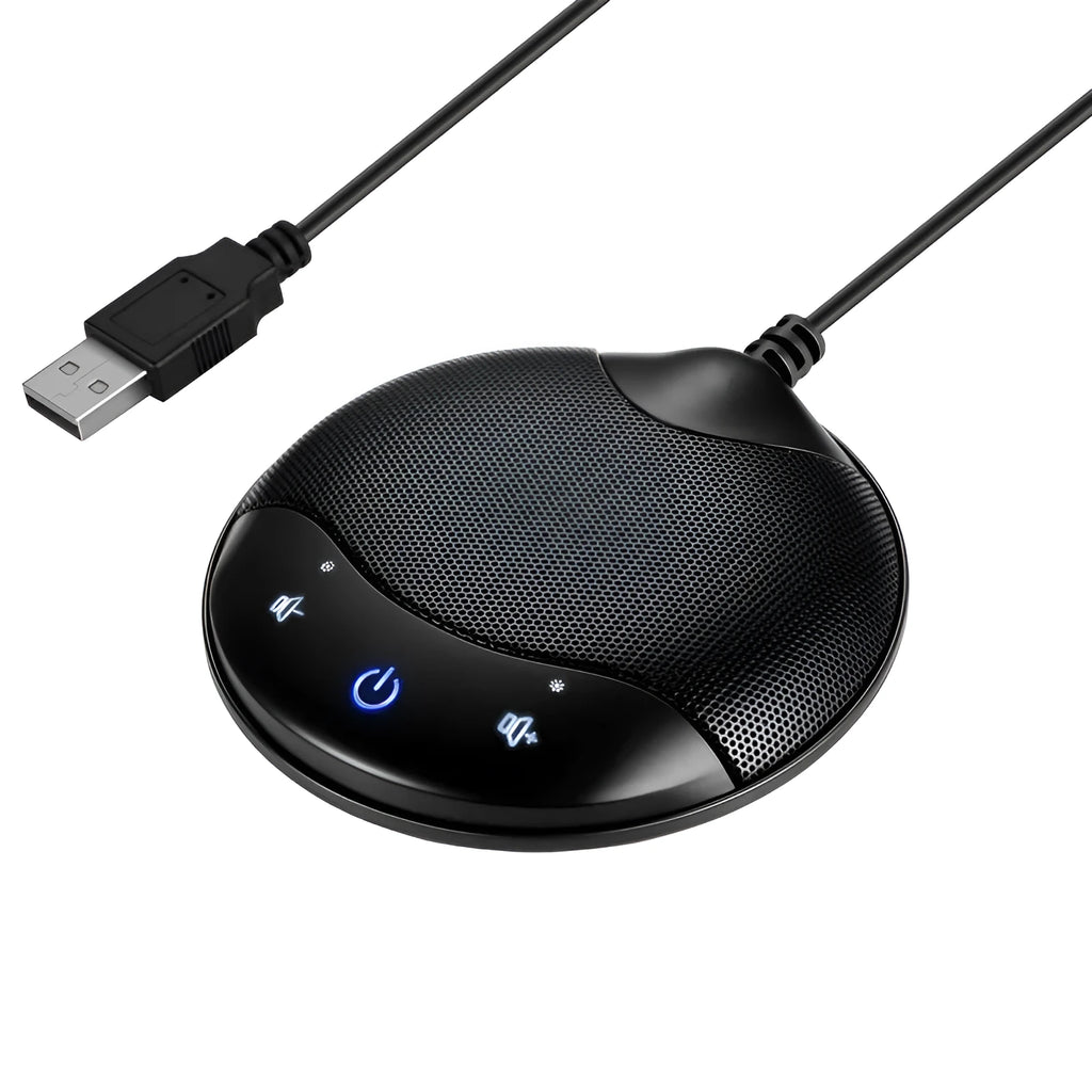 Black USB condenser microphone with compact square design for conference calls and gaming