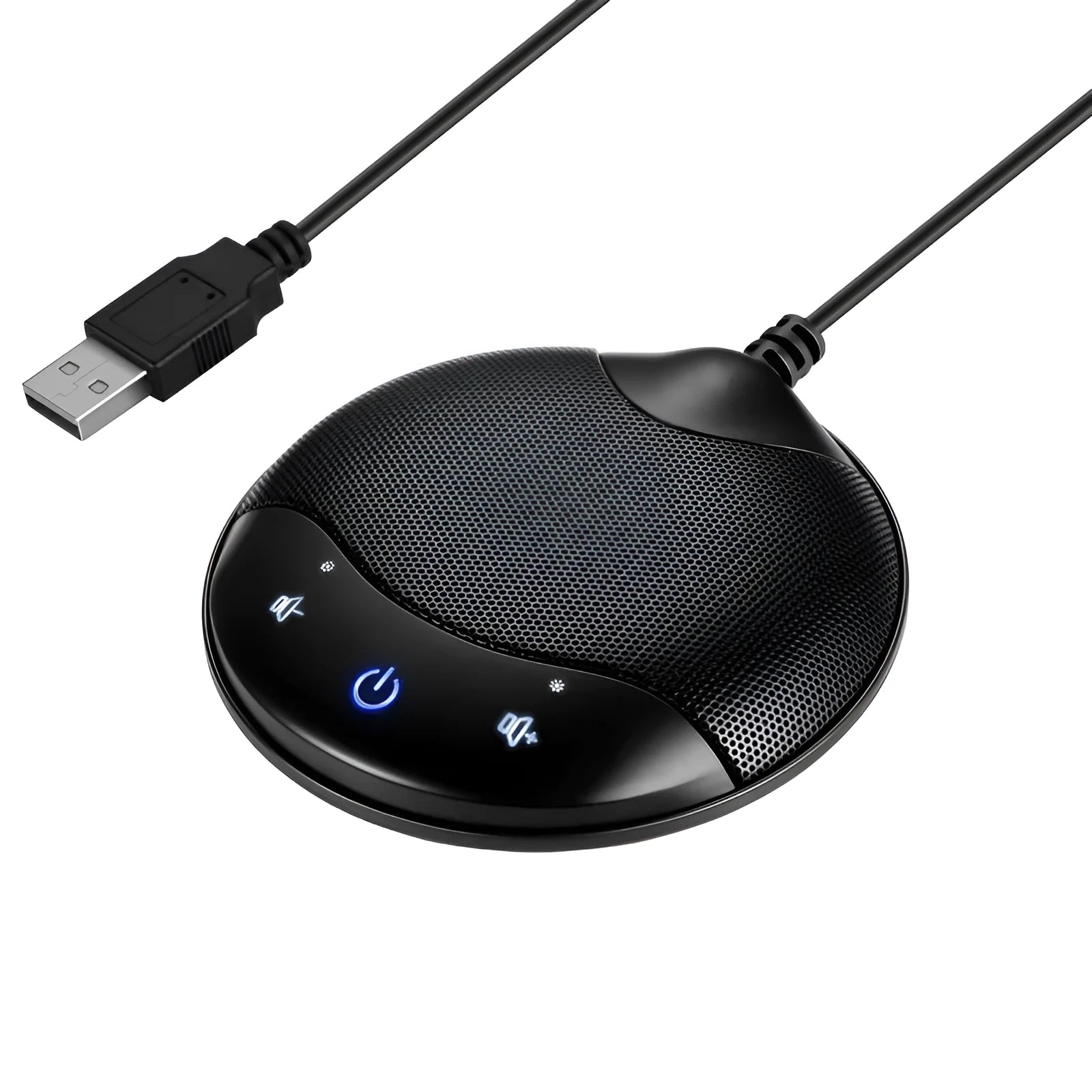 Black USB condenser microphone with compact square design for conference calls and gaming