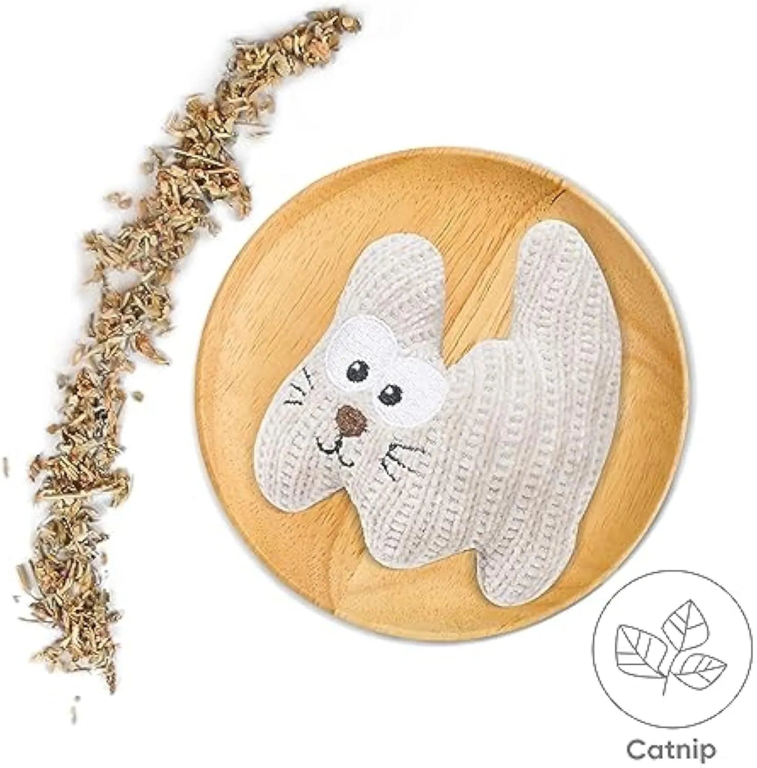 Cyan knitted plush cat toy with rope and bell, shown next to a light coffee colour option.