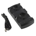 Black PS3 dual controller charging dock with two controller slots and USB cable