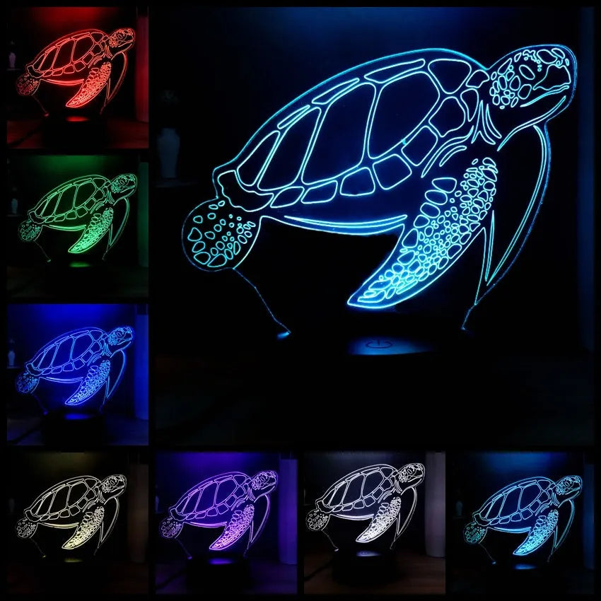 3D acrylic turtle LED night light showing 16 colour options with remote control