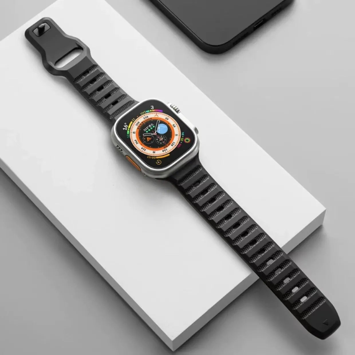 Fluoro rubber watch band for Apple Watch in multiple colours showing T buckle closure.