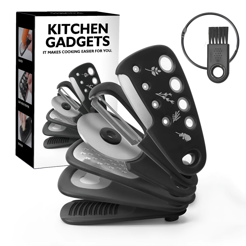 Six kitchen gadgets and brush in colour box, showing stackable stainless steel and PP tools
