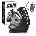 Six kitchen gadgets and brush in colour box, showing stackable stainless steel and PP tools