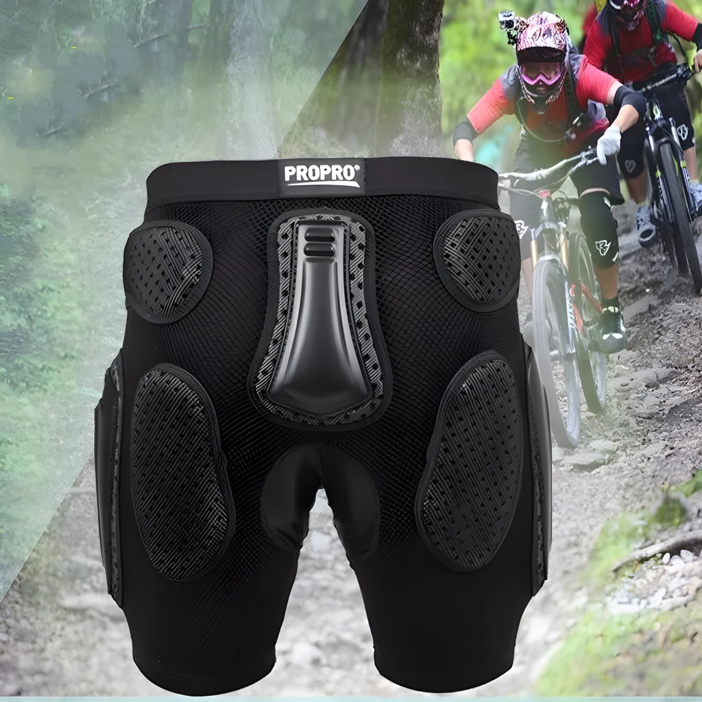 Black cycling protective pants with integrated hip and thigh impact foam pads on a mannequin
