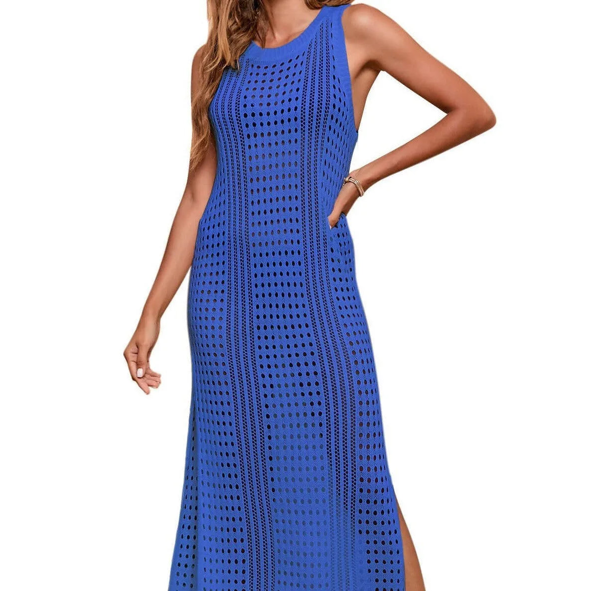 Women's beach hollow-out knitted blouse in loose fit solid colour