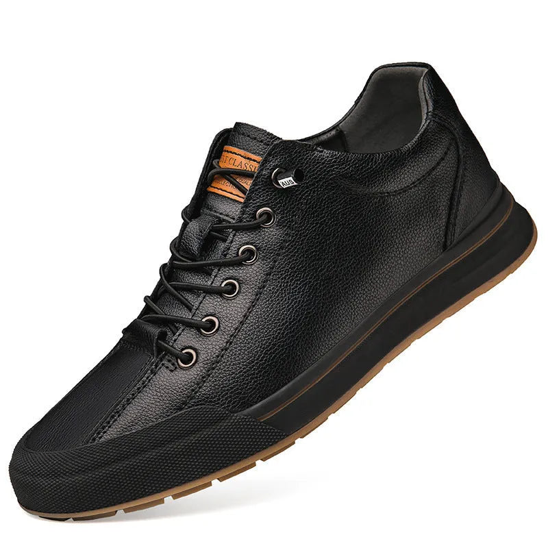 Men's white and black platform trainers with round toe and 6cm heel.