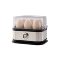 Black stainless steel mini portable egg boiler on a white background.