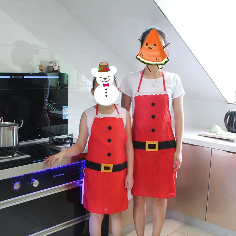 Red Merry Christmas polyester apron with adjustable straps for adult and children sizes