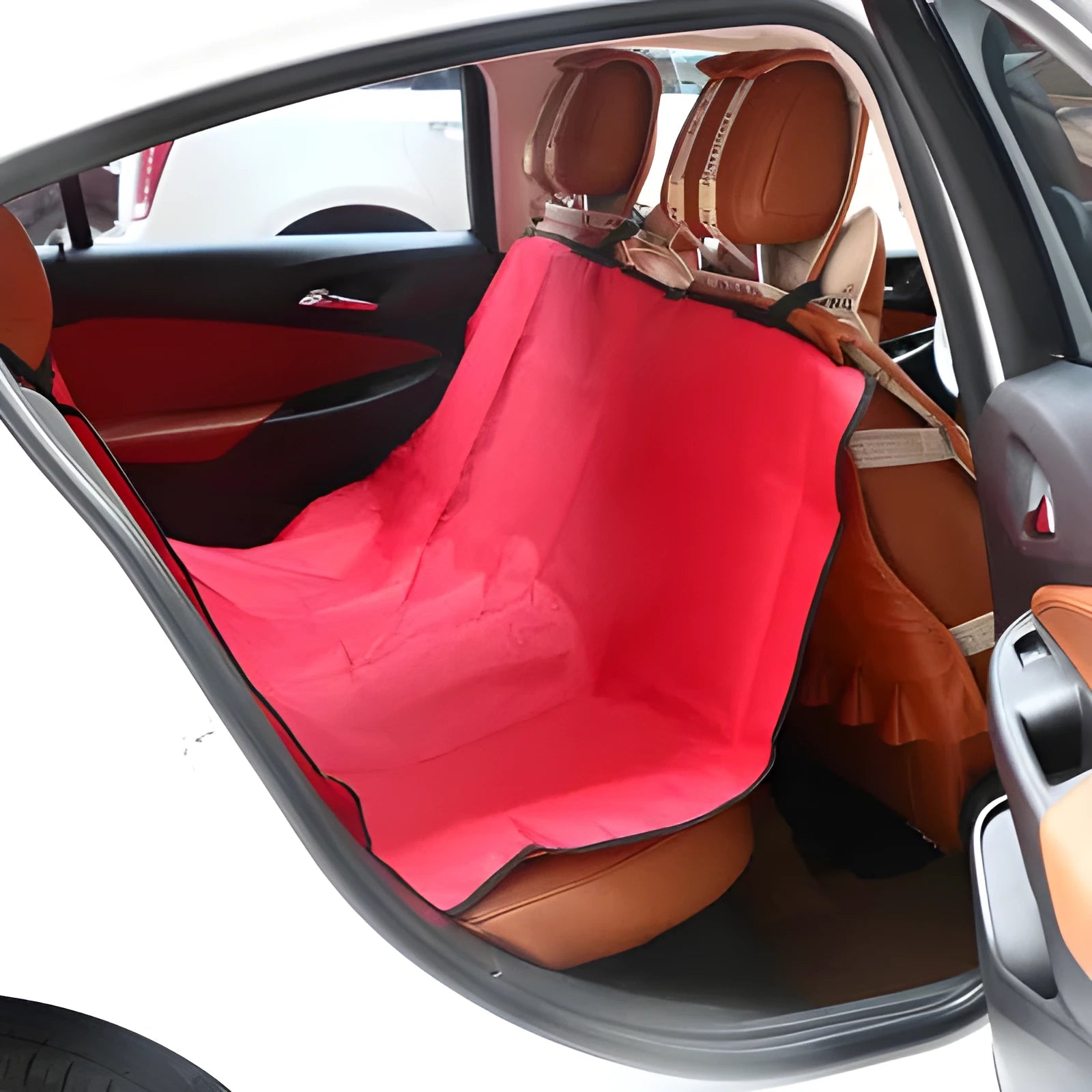 Red waterproof car pet pad for dogs and cats measuring 135cm square on a car seat