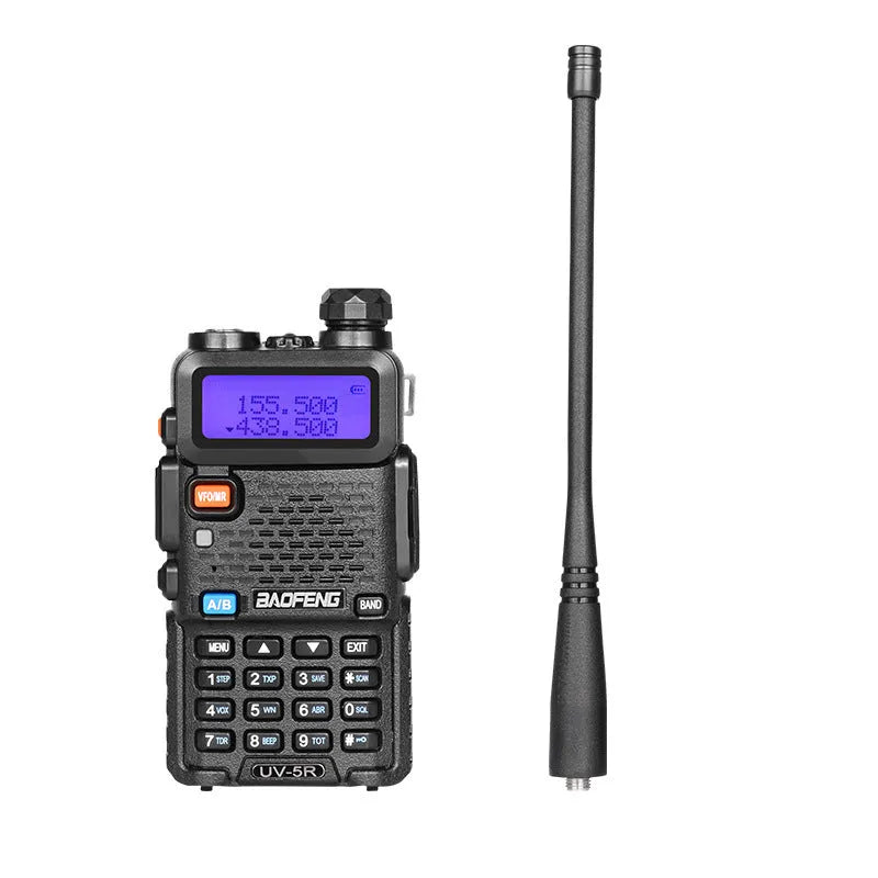 Black dual band walkie talkie with antenna showing LCD display and keypad