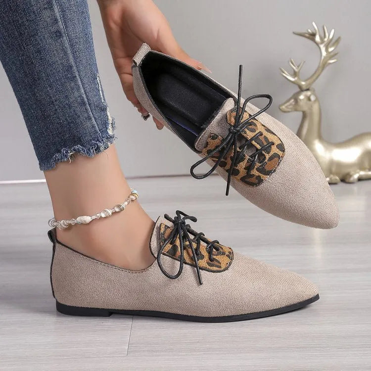 Women's beige leopard print pointed toe pumps in plus sizes 36-43 with artificial PU upper and rubber sole.
