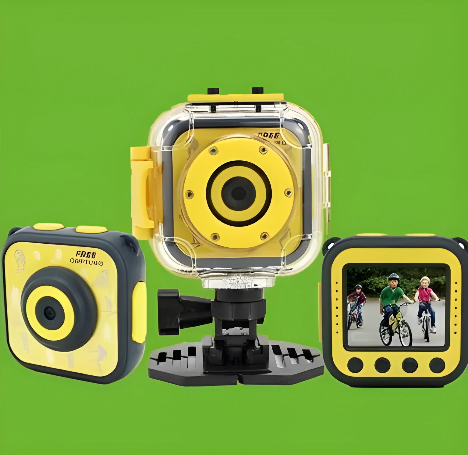 Yellow children's waterproof sports camera showing 1.77-inch LCD screen and compact 60mm design
