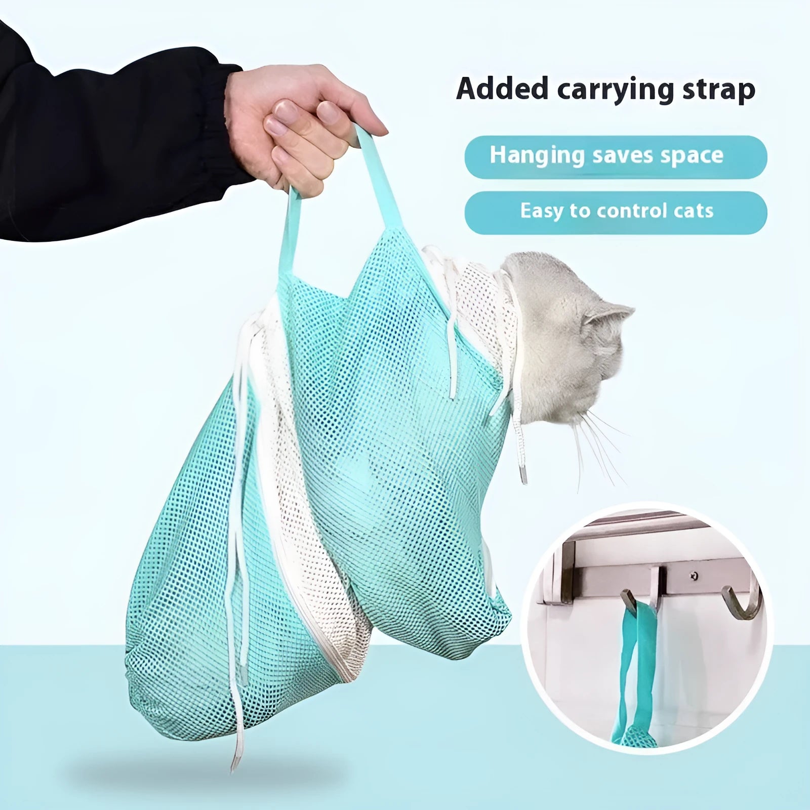 Cat grooming bag with detachable lifting feature in grey white, green white, or pink white colour options