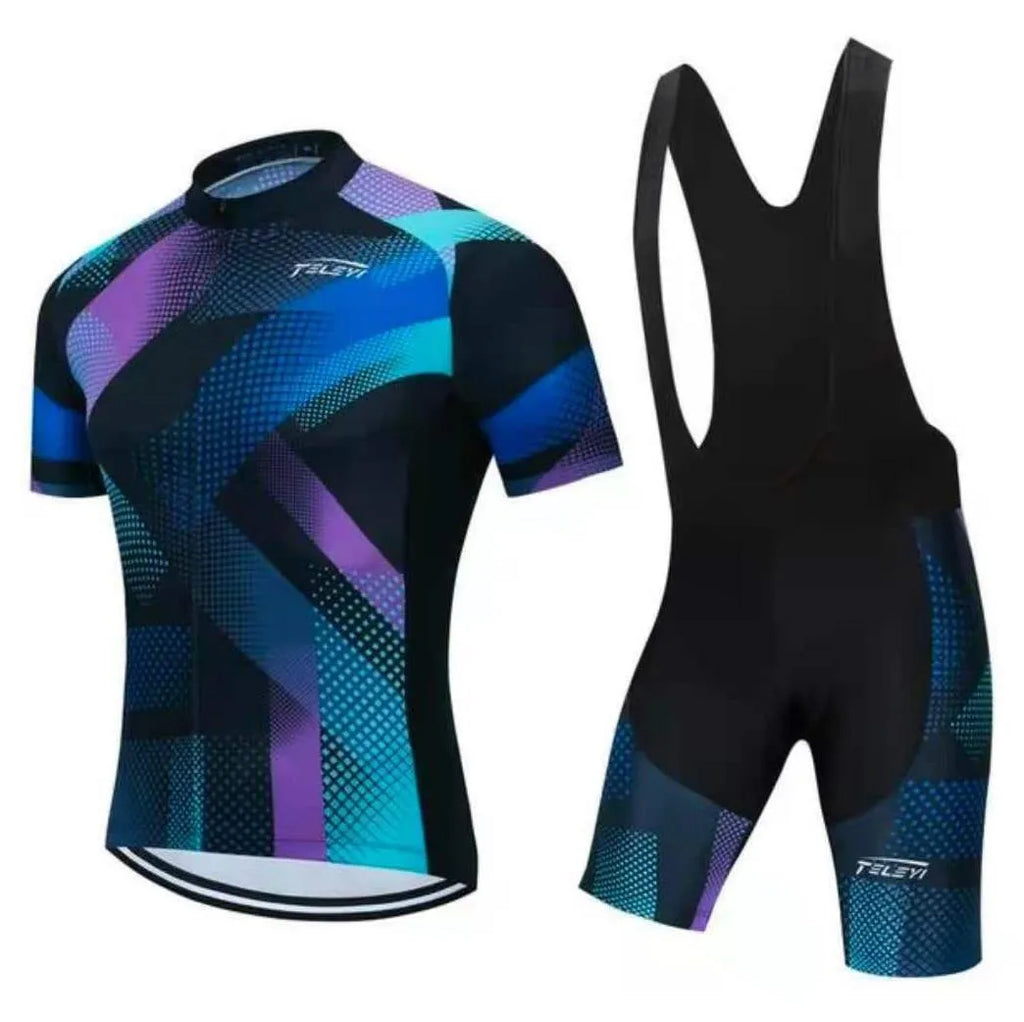 Summer cycling jersey and pants set in a colour style, laid flat showing front design.