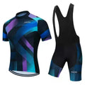 Summer cycling jersey and pants set in a colour style, laid flat showing front design.