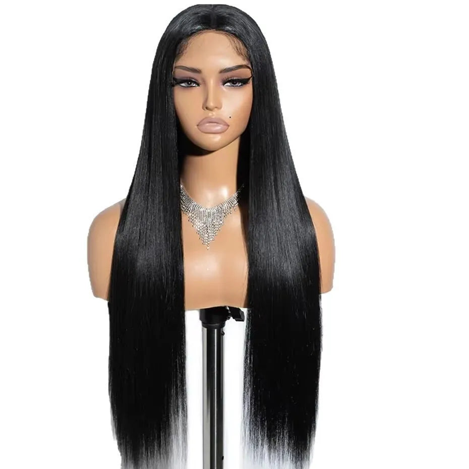 Glueless human hair straight wig with side bangs shown in long length