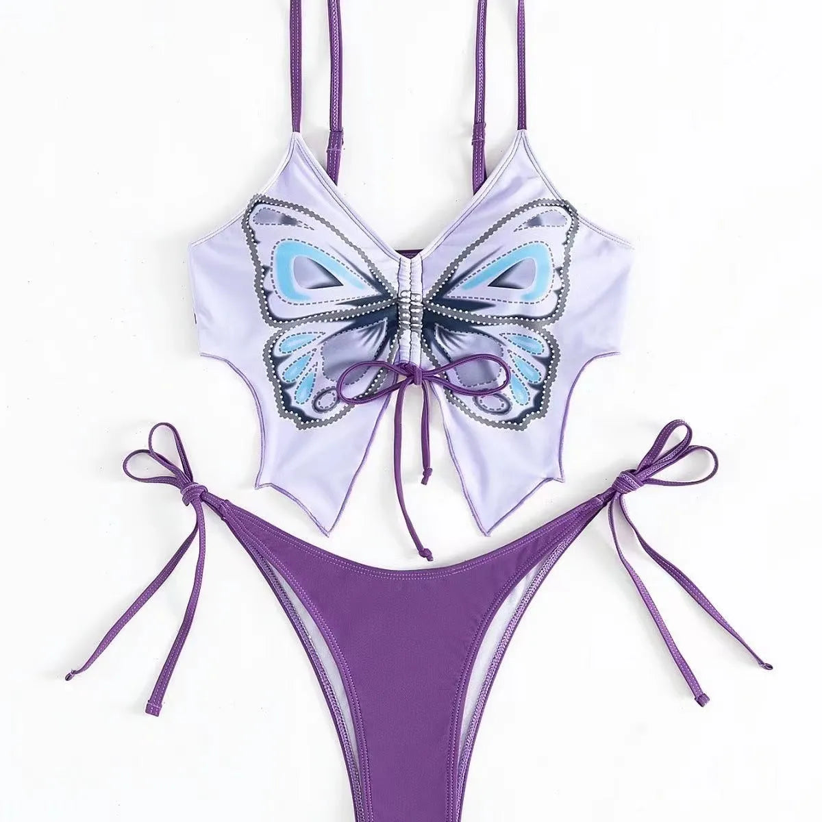 Women's purple bikini swimsuit with sleeveless top and briefs on a mannequin.