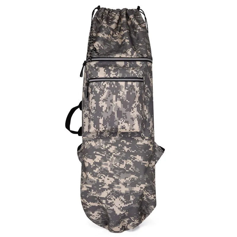 Black waterproof nylon skateboard bag with longboard fishing rod and flippers inside