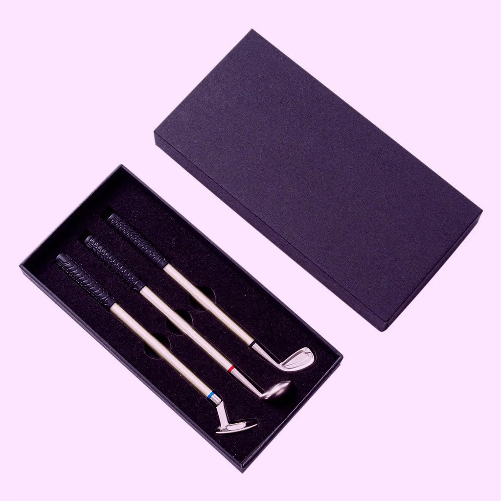 Three metal ballpoint pens with golf suit design showing 0.7mm bullet-type pen heads