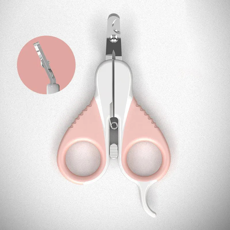Grey and pink angled cat nail clippers with safety lock and rubber-coated handle