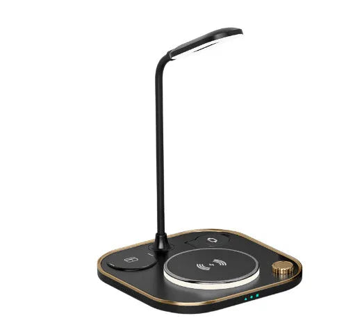 Black three-in-one wireless magnetic charger and desk lamp with 15W fast charging and Type-C cable.