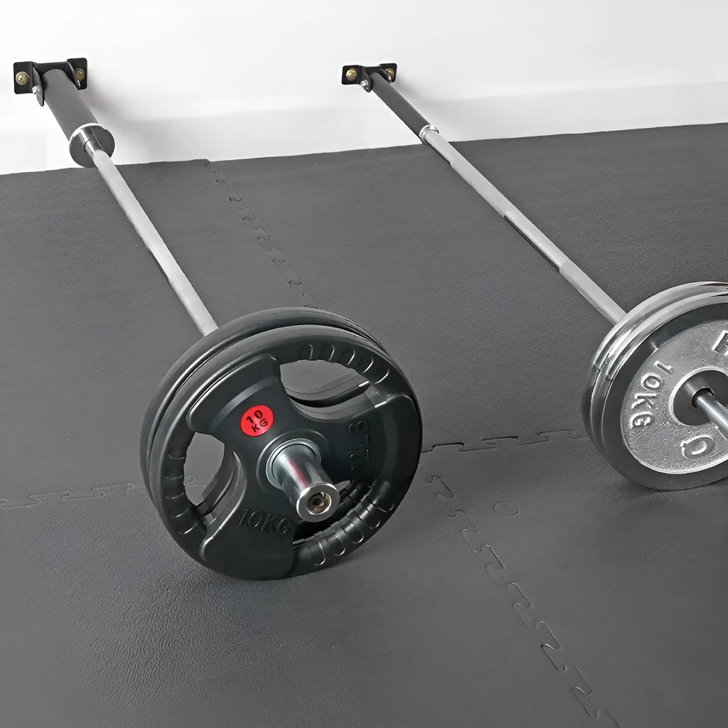 Steel wall barbell rack with 25 vertical tubes for bar and tool storage