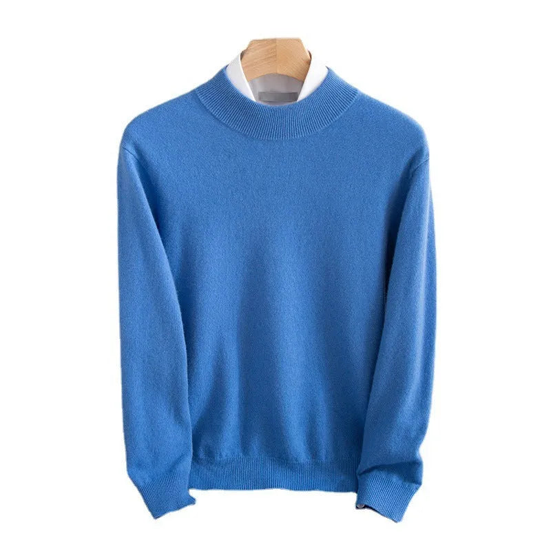 Men's half-turtleneck loose fit wool sweater in a neutral colour on a hanger.