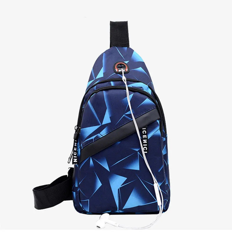 Men's blue oxford cloth sling chest bag with earphone hole and adjustable shoulder strap