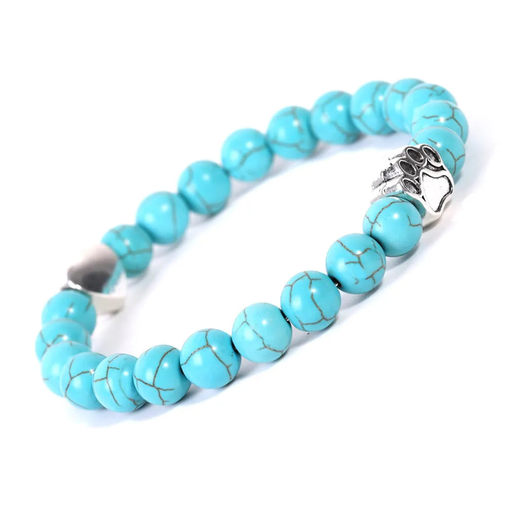 Tiger eye and Indian agate stone bracelet with a silver dog's paw charm and a small love heart on a beaded band.