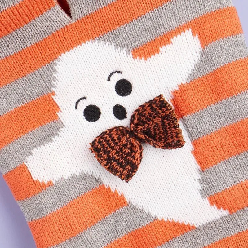 Orange striped hooded pet sweater with fur ball trim on a mannequin, sizes XS to L.
