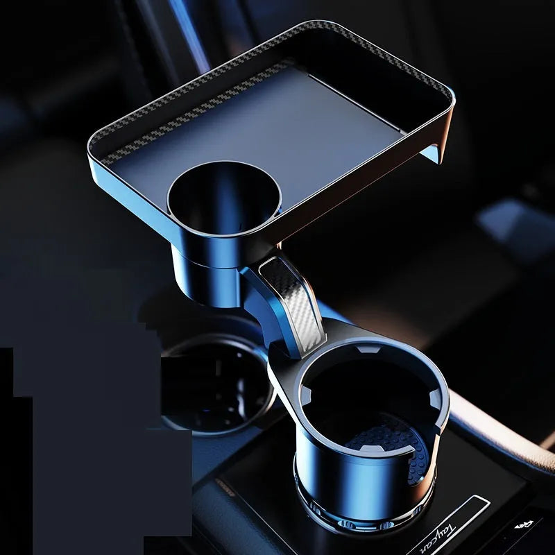 Black rotating car tray holder with detachable plate mounted in vehicle cup holder