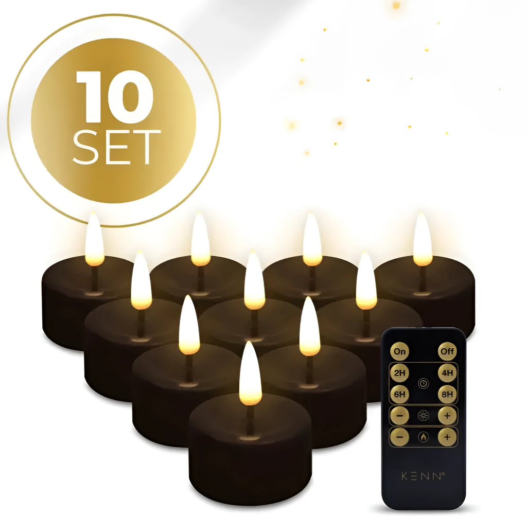 Four black S10 LED tealight candles showing flickering flame effect and dimensions