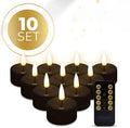 Four black S10 LED tealight candles showing flickering flame effect and dimensions