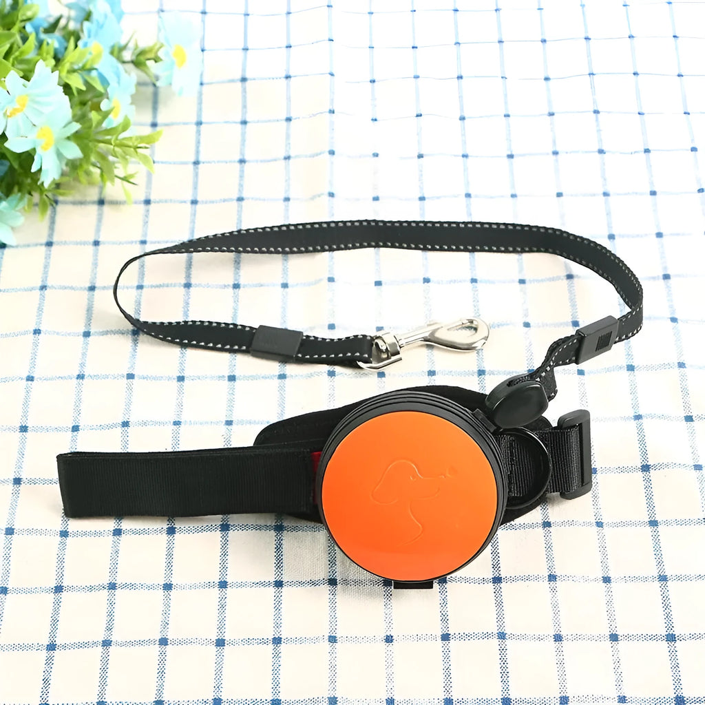 Automatic retractable dog leash showing pet holding hands design and 3 metre nylon cord