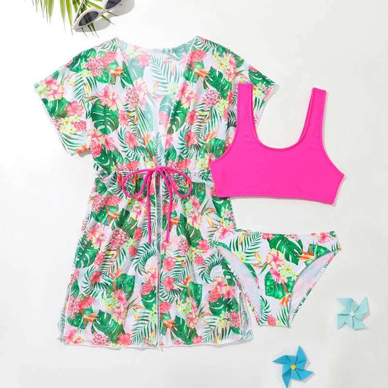 Girls' two-piece floral swimsuit in high elasticity polyester fabric showing front view