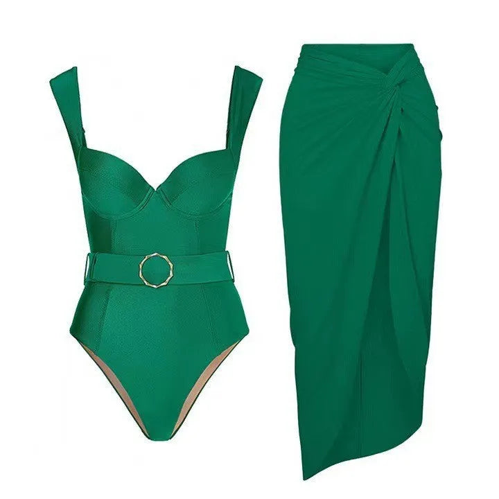 Women's one-piece swimsuit with a flowing gauze skirt, shown in a sleeveless design.