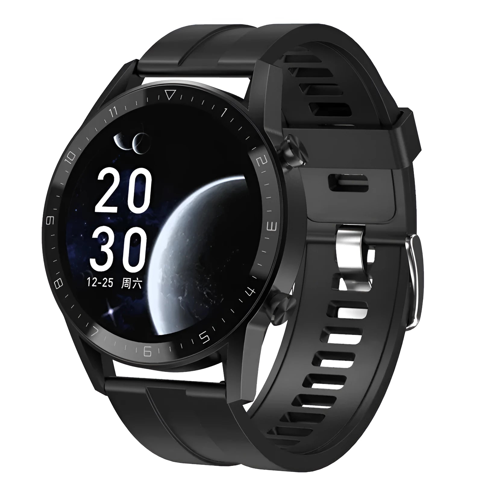 Black multifunctional sports watch with 1.3-inch touchscreen on a genuine leather strap with buckle.